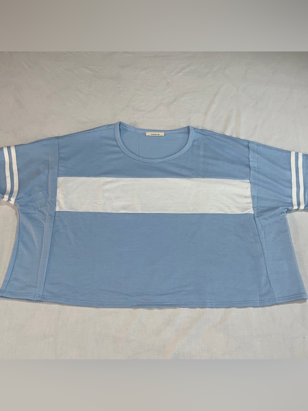LLove In Blue White Varsity Stripe Cropped Tee Women's M Boxy Stretch P48